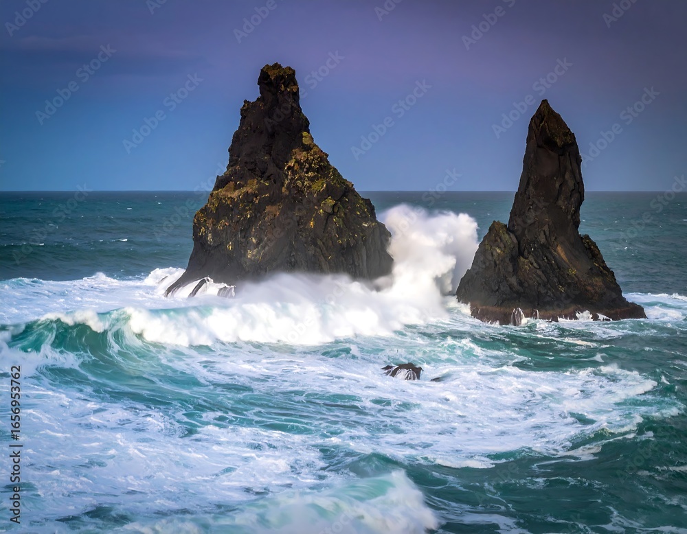 Fototapeta premium Dramatic ocean waves crashing against volcanic rocks (1)