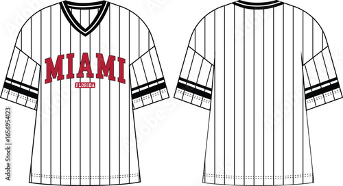 mens oversized miami graphic t shirt flat sketch vector illustration front and back view technical cad drawing template