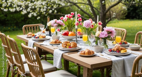 Outdoor Brunch Table with Croissants, Flowers, and Orange Juice in a Lush Garden Setting