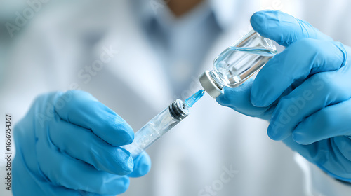 Healthcare professional drawing liquid from vial into syringe medical
