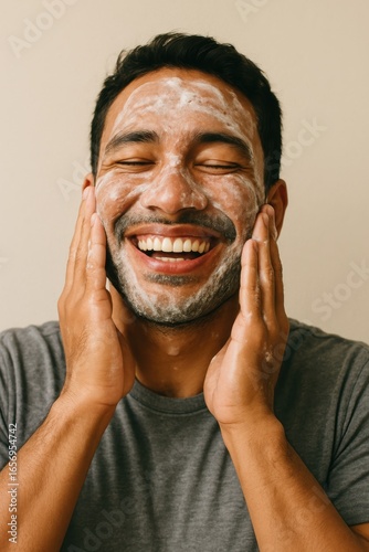 Smiling hispanic young adult male applying skincare face wash