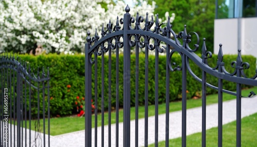 Ornate black metal gate with landscaping.