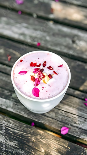 Pink drink topped with flower petals on a wooden table.