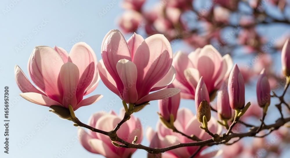 Fototapeta premium Pink Magnolia Blossoms Against a Pale Blue Sky in Spring Sunlight