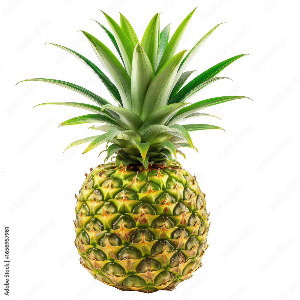Fototapeta premium and keyword list based on the image.. Isolated Ripe Pineapple with Crown Displayed on Black Backdrop