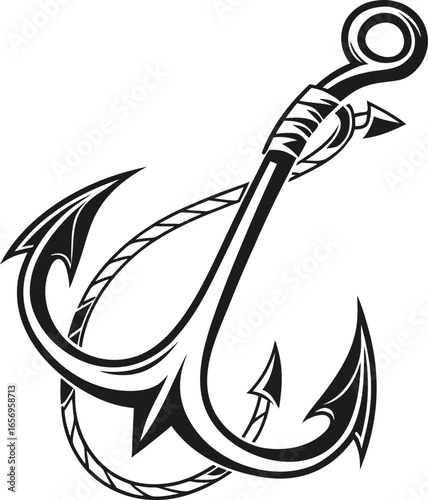 Stylized Double Fish Hook Icon Illustration, Black Vector Graphic for Fishing, Sport, Outdoor, or Tattoo Design on White