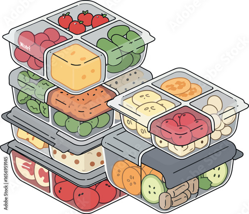 Colorful meal prep containers filled with fresh produce and cheese