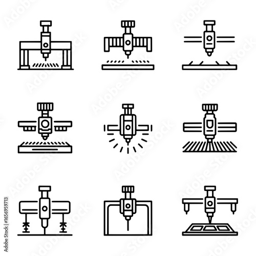 Nine CNC Machine Icons: Line Art Styles, Industrial Automation