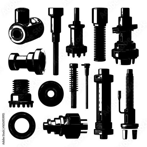 15 Industrial Mechanical Parts: Black and White Silhouettes of Fittings, Valves, and Fasteners