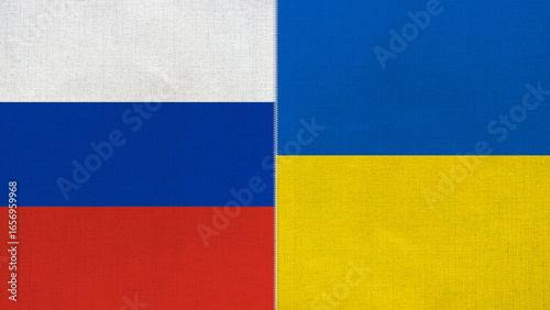 The diagonal and stitched-aligned combined Russia and Ukraine flags. Concept of Strategic negotiation, national relationship, Conflict, and War.