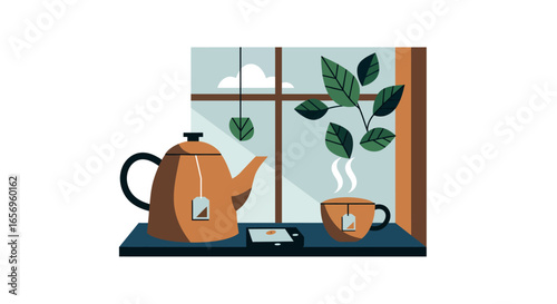Cozy tea time at home with steaming teapot and cup by the window