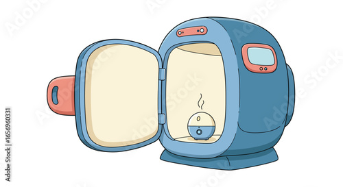 Retro style cartoon space oven with steaming bowl inside