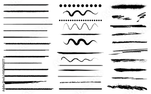 Hand Drawn Ink Brush Strokes Grunge Lines Artistic Underline Calligraphic Black Isolated Art Variation Borders Vector Set