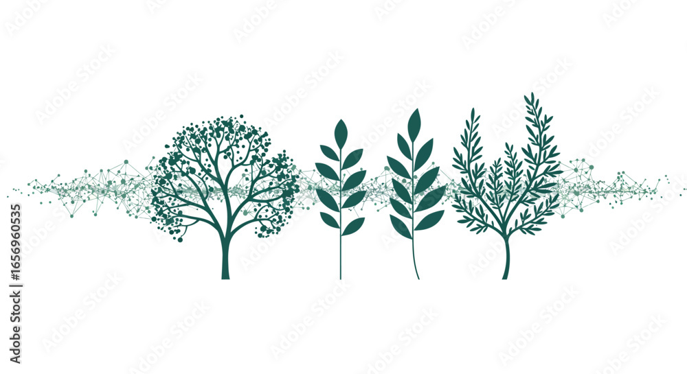 Fototapeta premium Stylized nature: four green trees with connection patterns
