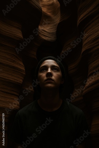 Young male exploring antelope canyon light and shadow play