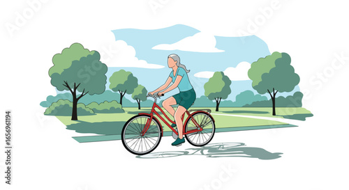 Flat style vector illustration of a woman cycling during her summer holiday in a park landscape