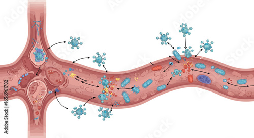 Detailed medical diagram of human blood vessels with bacteria and viruses for educational use