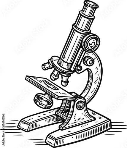 Vintage Scientific Microscope Illustration, Hand-Drawn Vector Sketch with Detailed Components for Science and Education