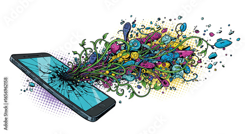 Bursting creativity: vibrant doodles emerge from cracked smartphone