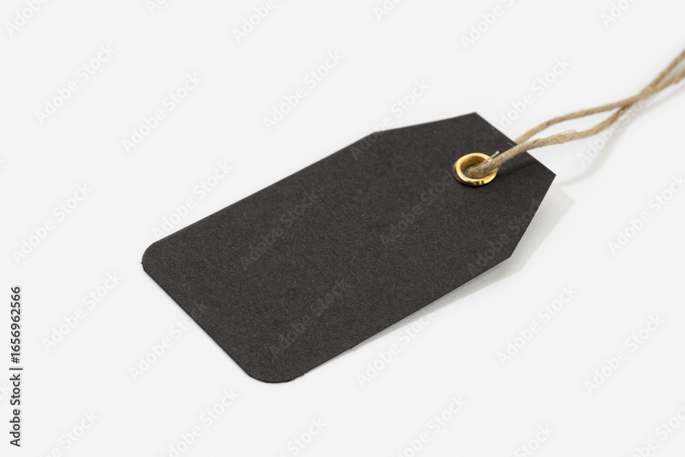 Fototapeta premium Black Tag with String isolated on white background. Blank cardboard price template