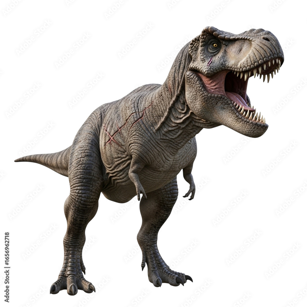 Fototapeta premium Fierce tyrannosaurus rex dinosaur roaring with sharp teeth and powerful stance isolated on . transparent background