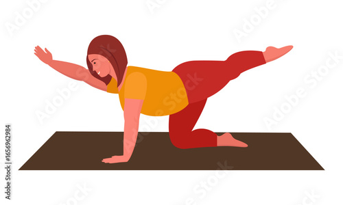 An overweight woman doing Pilates on a mat. Sports and workouts. Vector illustration on a transparent background.