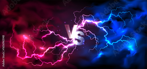 Electric blue vs red lightning clash on dark cloudy background