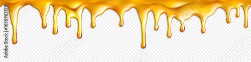Golden honey dripping on transparent background