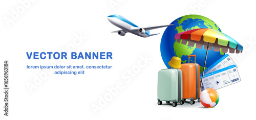 Travel essentials: suitcases, airplane, globe, tickets, beach umbrella
