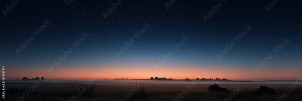 Fototapeta premium Stunning twilight landscape with misty field and starry sky at dawn
