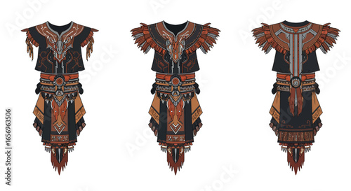Decorative tribal outfits with ornate patterns and feather accents on display