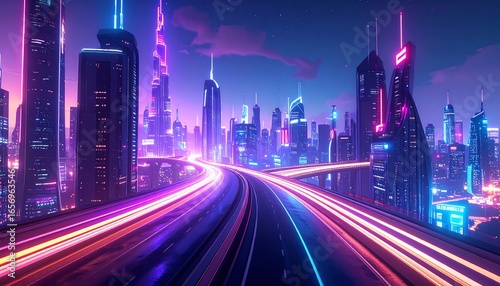 Neon City Highway Nightscape.