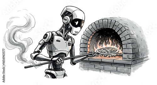 Robot chef making pizza with stone oven in black and white digital art