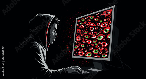 Hacker in hoodie facing cybersecurity threat with eyes on computer screen