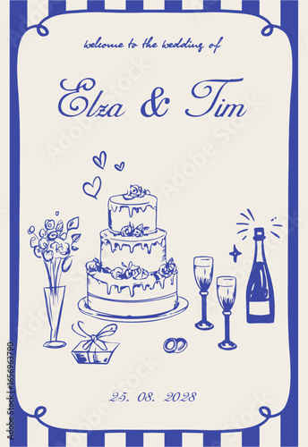 Hand-drawn doodle wedding invite illustration. Art for print poster, postcards, branding, logo design, background.
