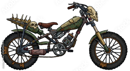 Post-apocalyptic motorcycle with skulls and spikes in grunge style