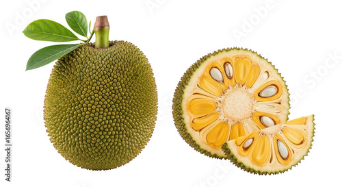 Whole and sliced jackfruit isolated on transparent background