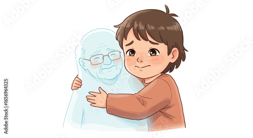 Child embracing grandparent's spirit with love and sadness