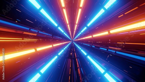 Fototapeta Naklejka Na Ścianę i Meble -  A vibrant, futuristic tunnel with radiant orange and blue neon lights, showcasing a dynamic, perspective-rich design.
