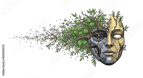 Fusion of nature and technology: half human, half machine with tree elements