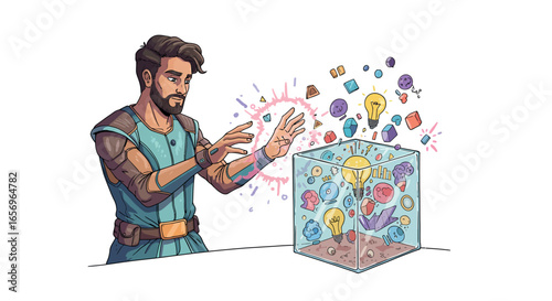 Fantasy character conjuring magic inside transparent cube with floating elements