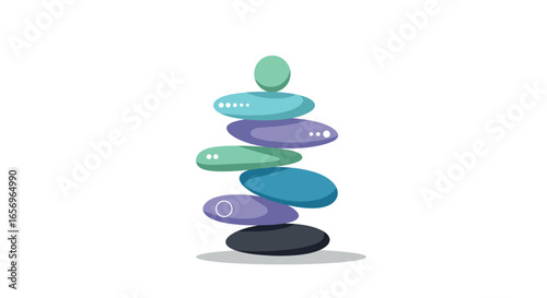 Colorful stack of smooth balancing stones on white background