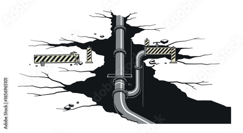 Urban pipeline illustration highlighting breakage and construction elements in monochrome style