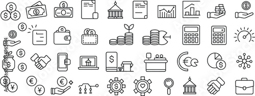 Financial business icons, money symbols, banking graphics, line art style, economic elements, black and white, grid layout, vector illustration