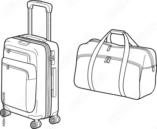 Line drawing of travel bags, rolling suitcase, duffel bag, zippered compartments, luggage sketch, minimalist style, black outline, vacation gear