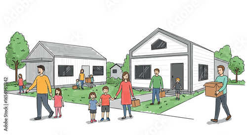 Family moving into new home with modern minimalist architecture