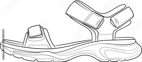 Sandal illustration, adjustable straps, Velcro closure, thick sole, contoured footbed, outdoor footwear, fashion sketch, technical drawing, casual wear, grip design