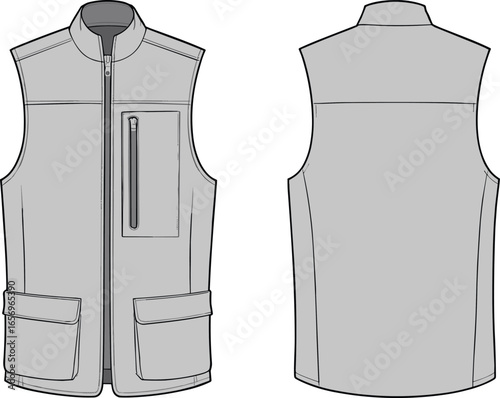 Sleeveless vest, high collar, zipper front, chest pocket, flap pockets, outdoor wear, utility fashion, men's apparel, casual style, durable fabric