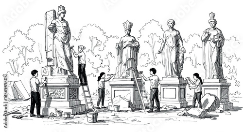 Restoration artists working on classical statues in a park setting