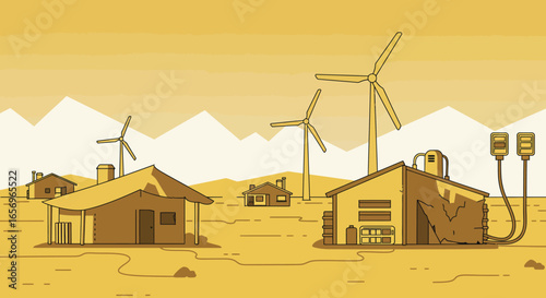Sustainable energy in desert landscape with wind turbines and solar panels